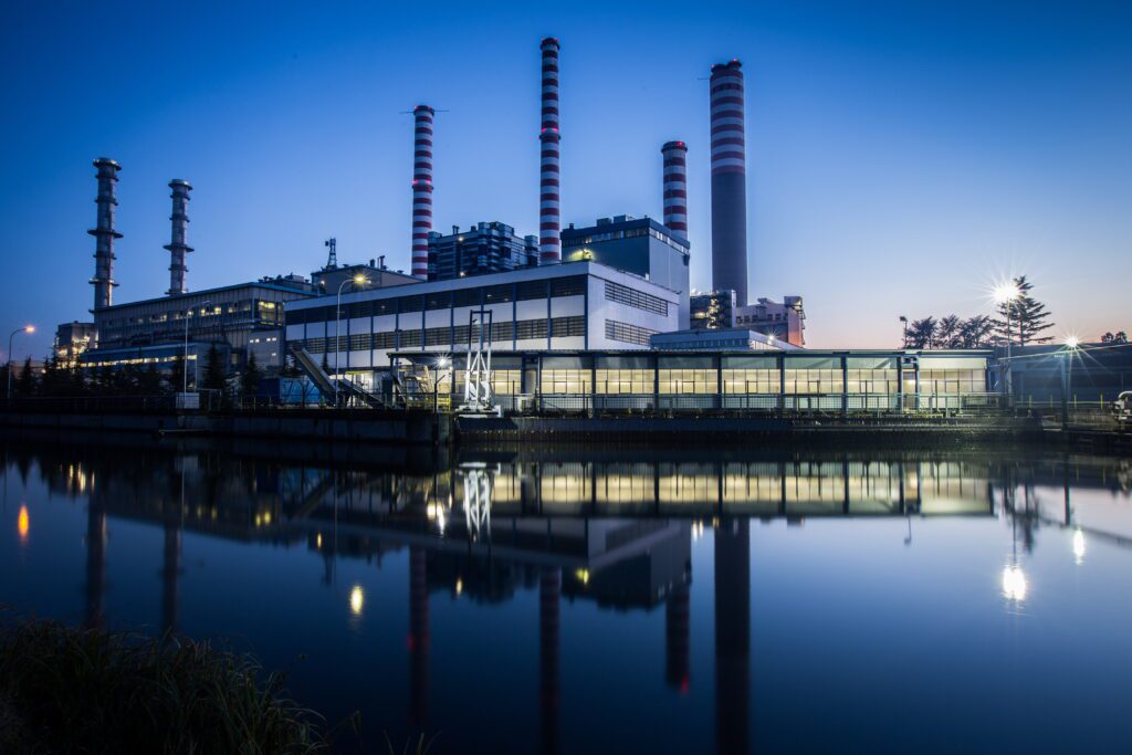 Power plant pictured at sunset